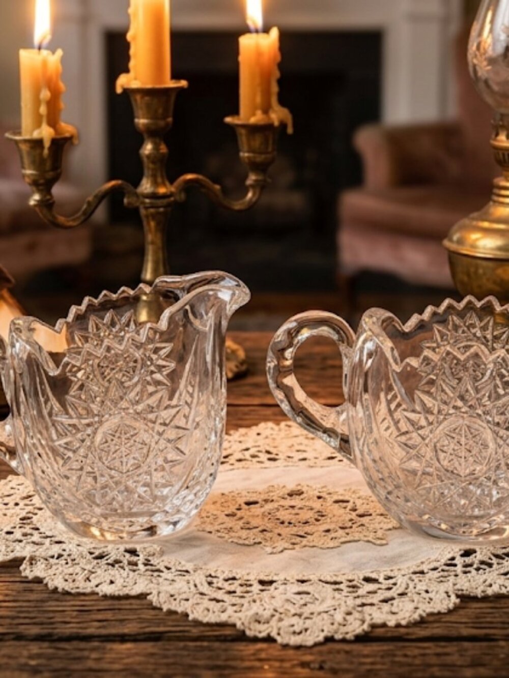 Antique American Brilliant Cut Clear Glass Creamer and Sugar Bowl Set MINT!RARE!